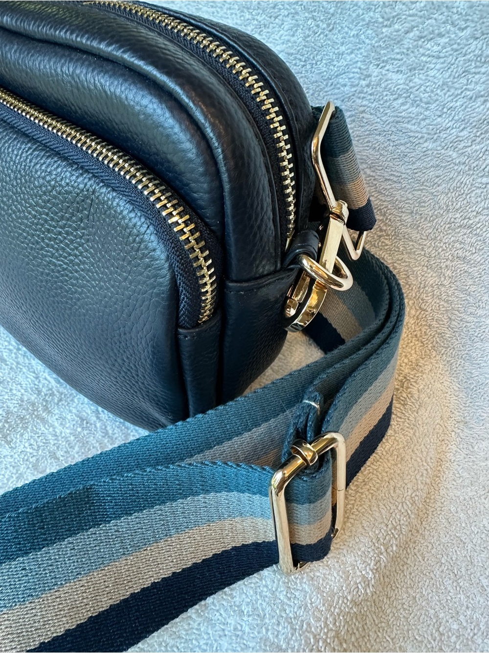 Pom Pom London Mayfair Crossbody Bag w/striped strap, exc cond, NAVY BLUE - Picture 3 of 7